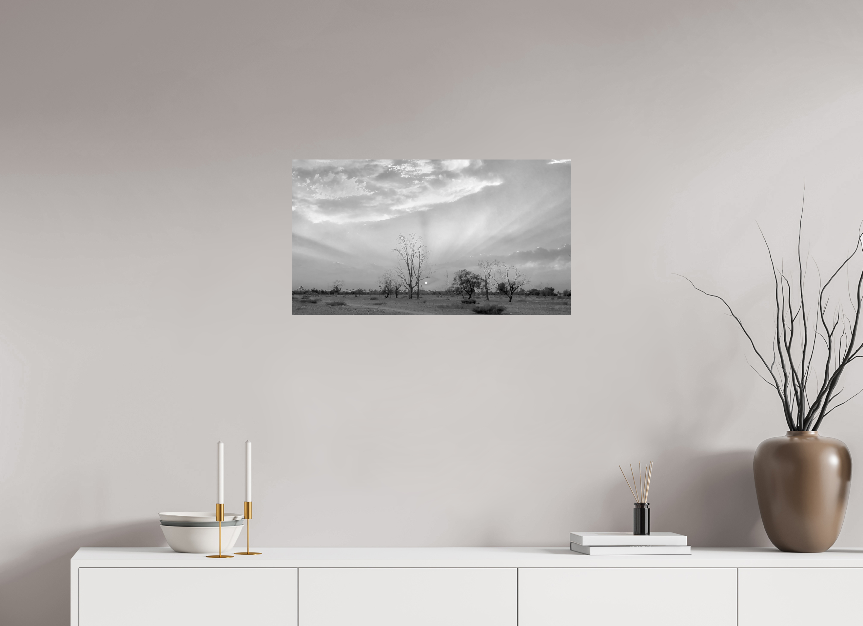 71,7 x 40 cm, Tirage photo sur papier baryté noir et blanc Crépuscule de Menara