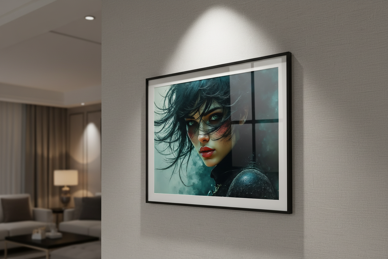 La Rebelle — Portrait Cosmique encadré en situation, art numérique Fine Art | Bybadr