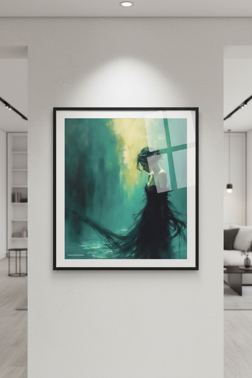 Abysses Dorées — Portrait Cosmique encadré en situation, art numérique Fine Art | Bybadr