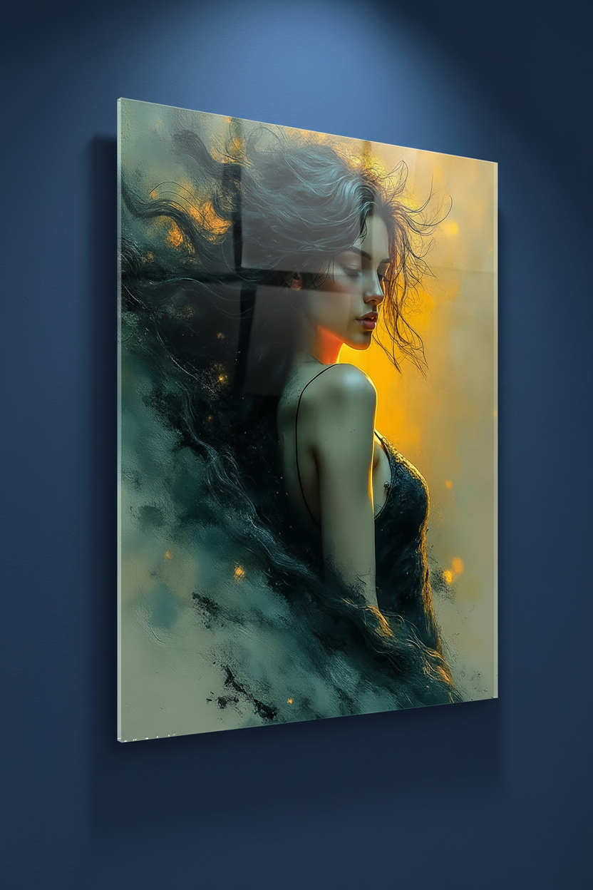 Brûlure Dorée — Portrait Cosmique encadré en situation, art numérique Fine Art | Bybadr