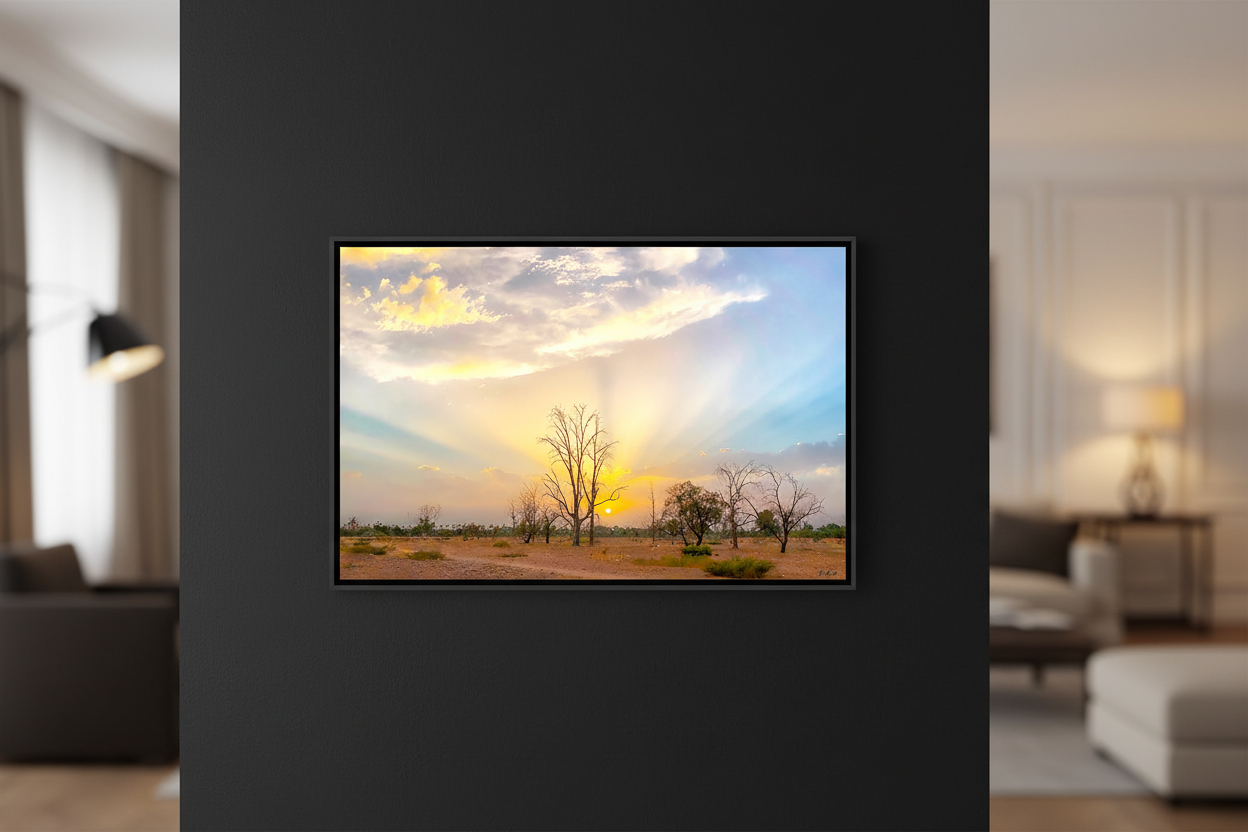 Crépuscule de Menara — photographie Fine Art encadrée sur un mu | Bybadr noir
