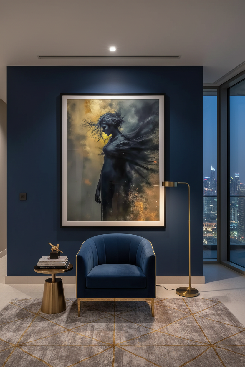 Éclats dans l'Obscur — Tirage Fine Art encadré dans un penthouse Dubai | Bybadr