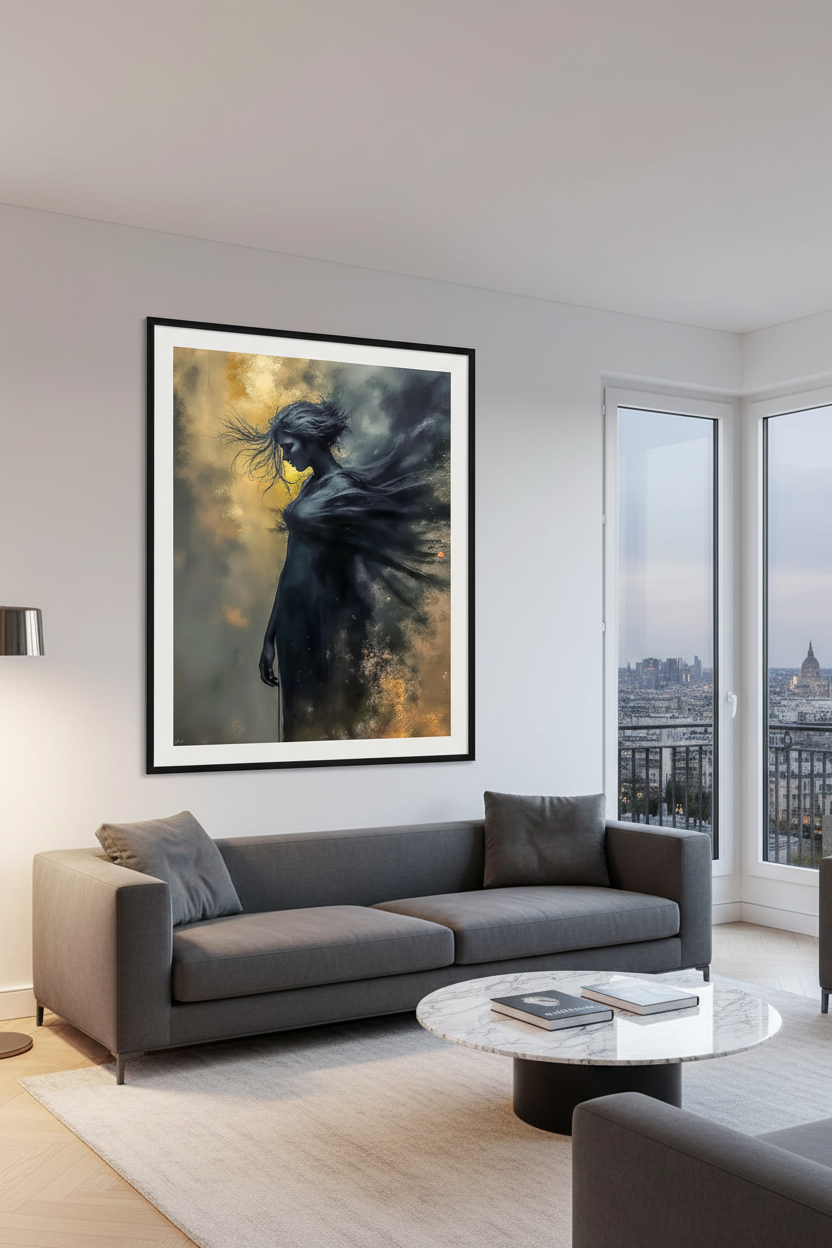 Éclats dans l'Obscur — Tirage Fine Art encadré dans un salon parisien moderne | Bybadr