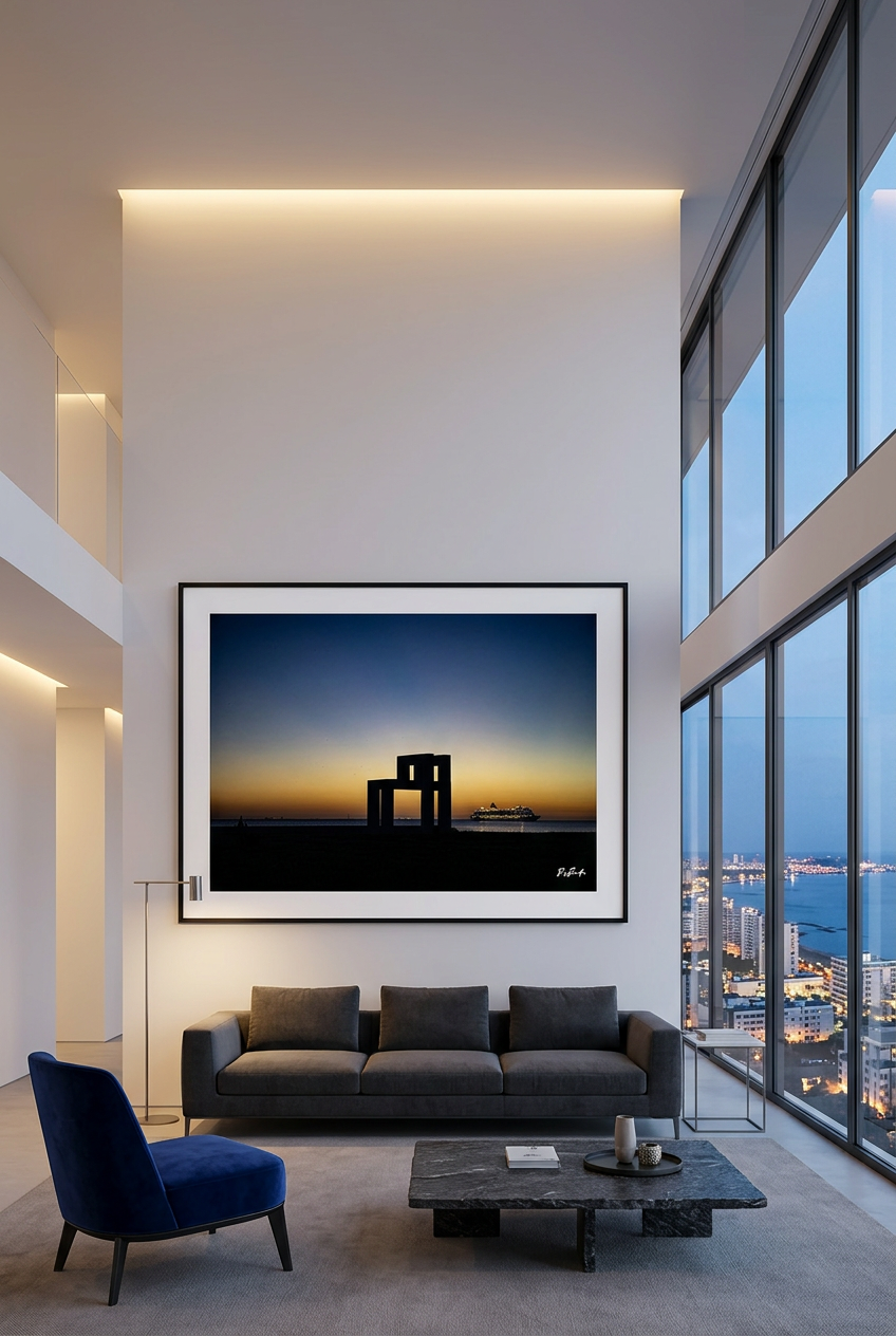 Fenêtre de la nuit — photographie maritime encadrée en grand format au-dessus d’un canapé dans un appartement contemporain | Bybadr