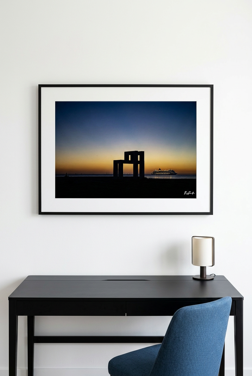 Fenêtre de la nuit — vue indicative du tirage 60 × 40 cm, encadré au-dessus d’un bureau | Bybadr