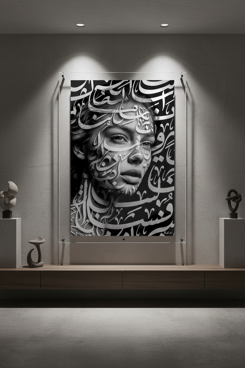 Mockup plexi grand format — Elle baisse les yeux sur son propre destin | Bybadr