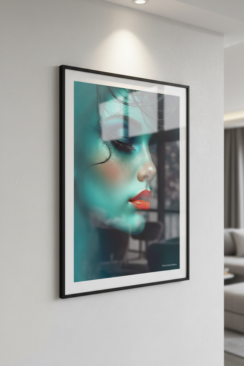 Lèvres de Corail fine art print displayed on white wall with black frame and spotlight