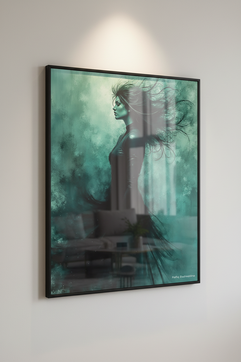 L'Indomptée fine art print displayed on white wall with black frame and spotlight