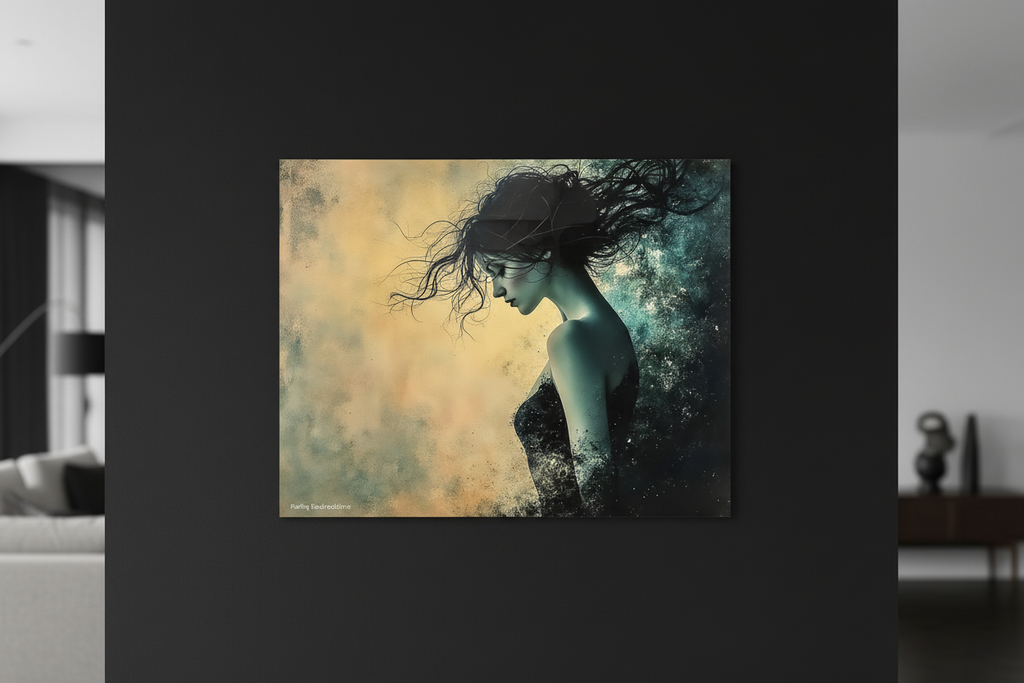 L'Équinoxe fine art print displayed on black wall, front view