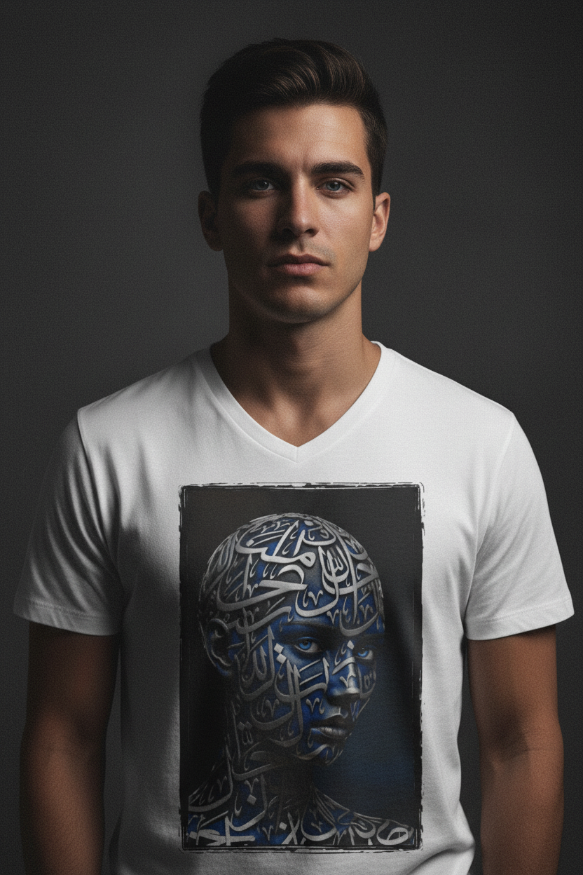 Mockup homme — Visage en Calligraphie Arabe T-Shirt Col V Bybadr