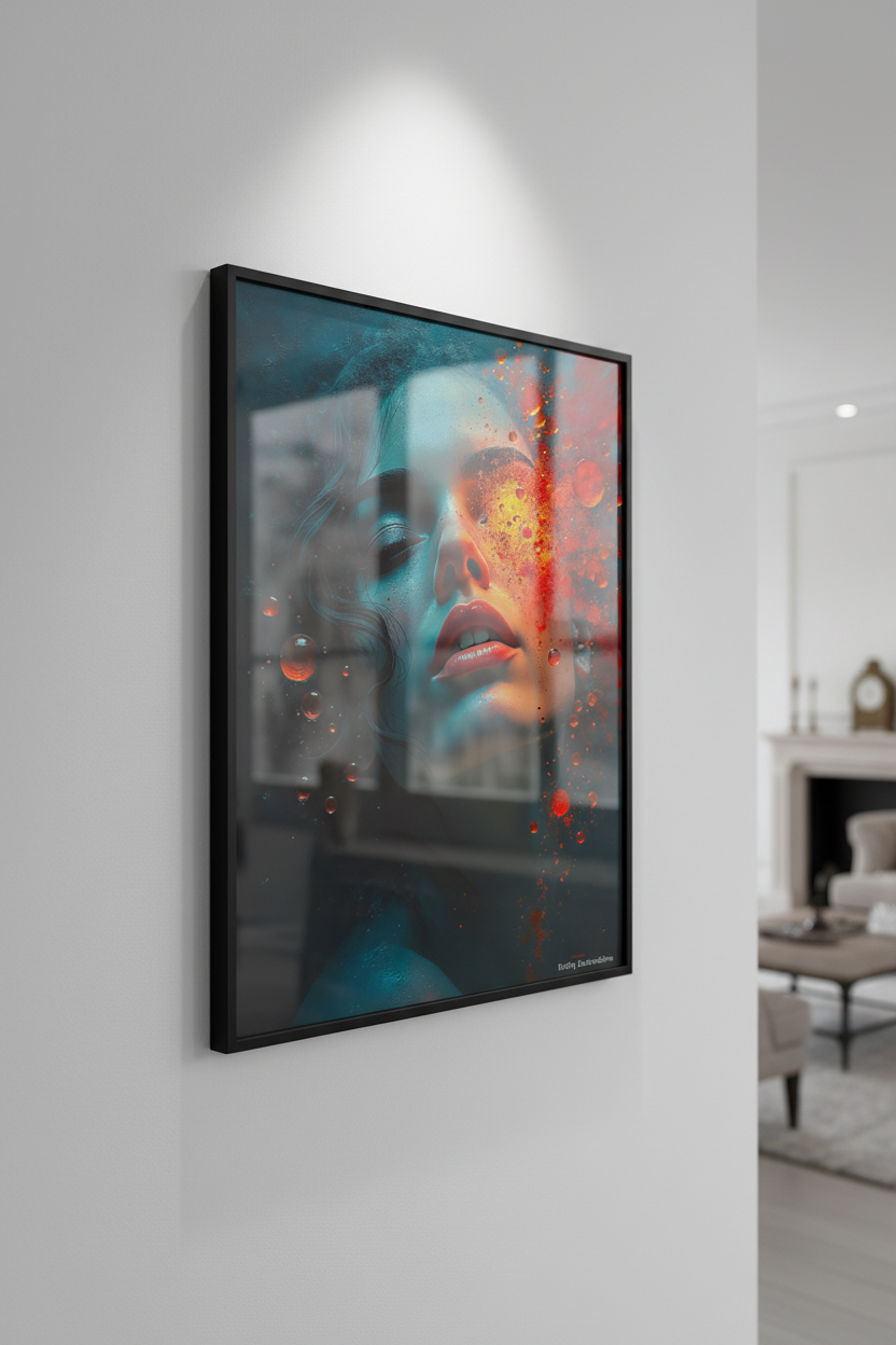 Feu Sous les Glaces fine art print displayed on white wall with black frame and spotlight