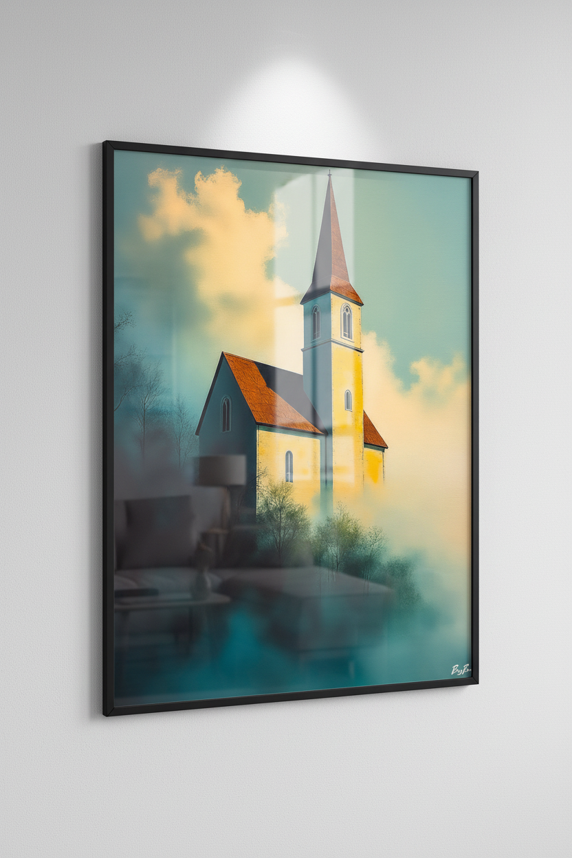 L'Église dans les Nuages — Mockup mur blanc