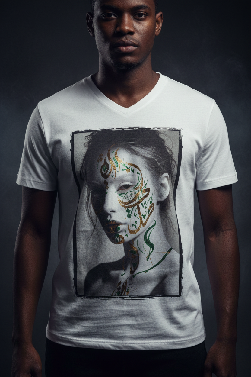 Mockup homme mur sombre — Née des Lettres T-Shirt Col V Bybadr