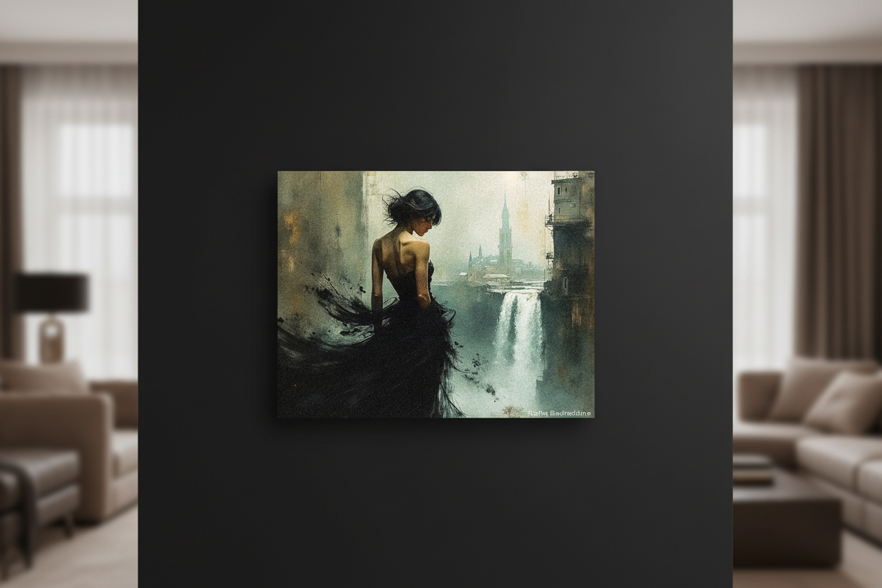 L'Exilée fine art print displayed on black wall, front view, soft directional light