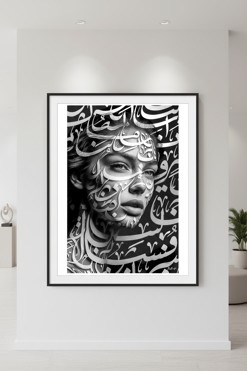 Mockup mur blanc — Elle baisse les yeux sur son propre destin | Bybadr