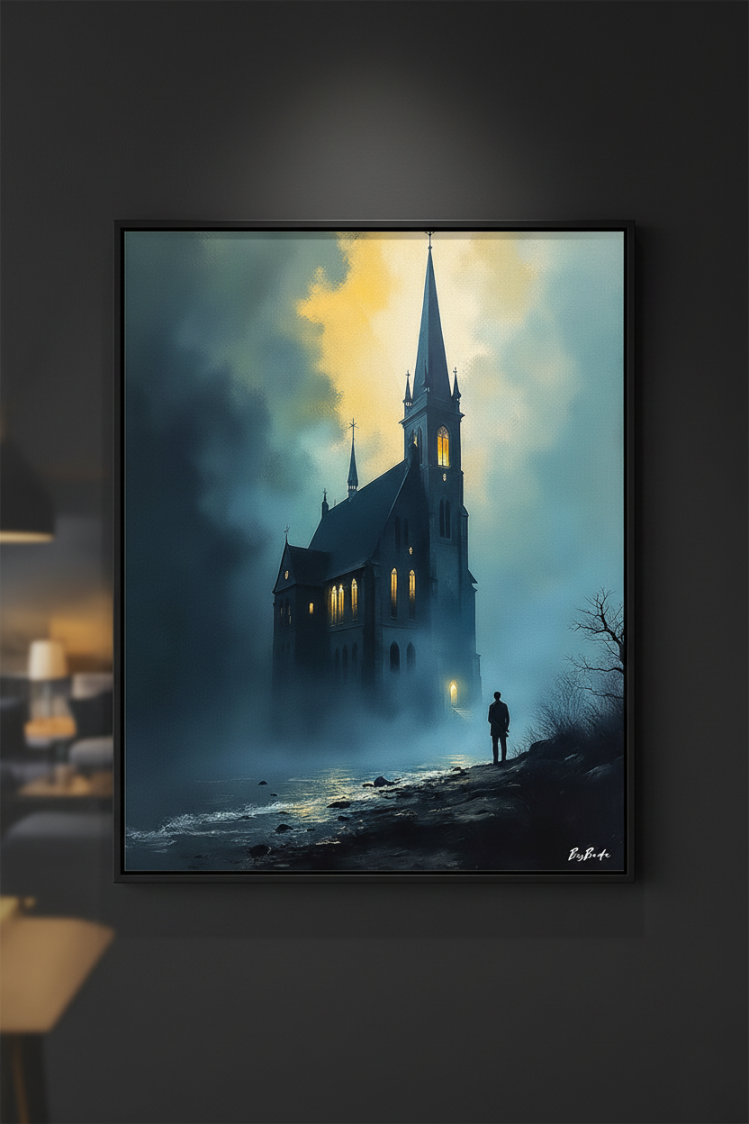 La Lumière dans la Brume — Mockup mur noir