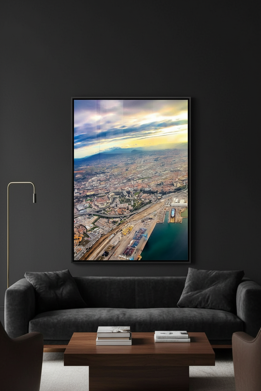 Marseille Poème des Calanques fine art print displayed on black wall, front view, soft directional light