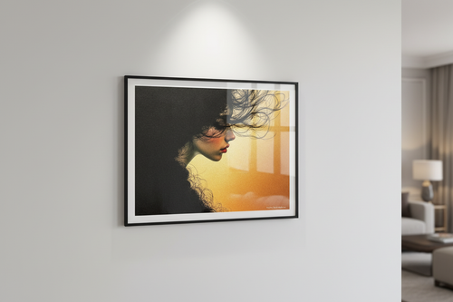 Crépuscule - Mockup mur blanc, cadre noir fin, spotlight