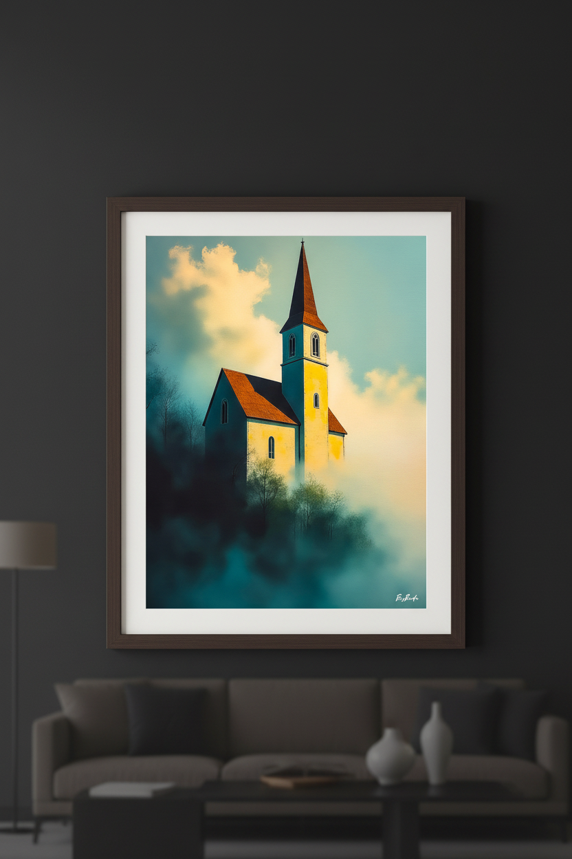 L'Église dans les Nuages — Mockup mur noir