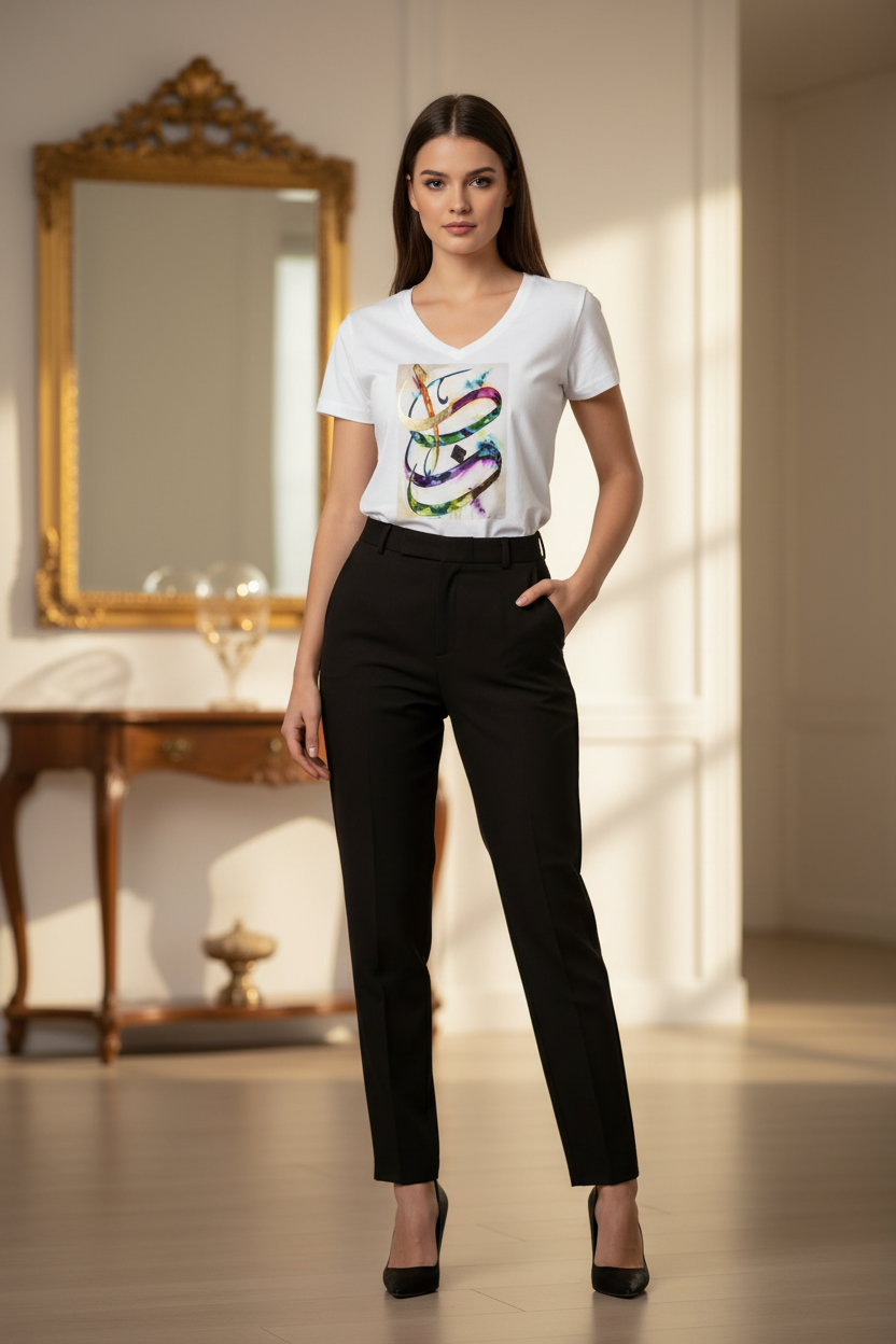 Le Prisme du Calame — T-Shirt Col V Unisex Bybadr, jeune femme classe escarpins