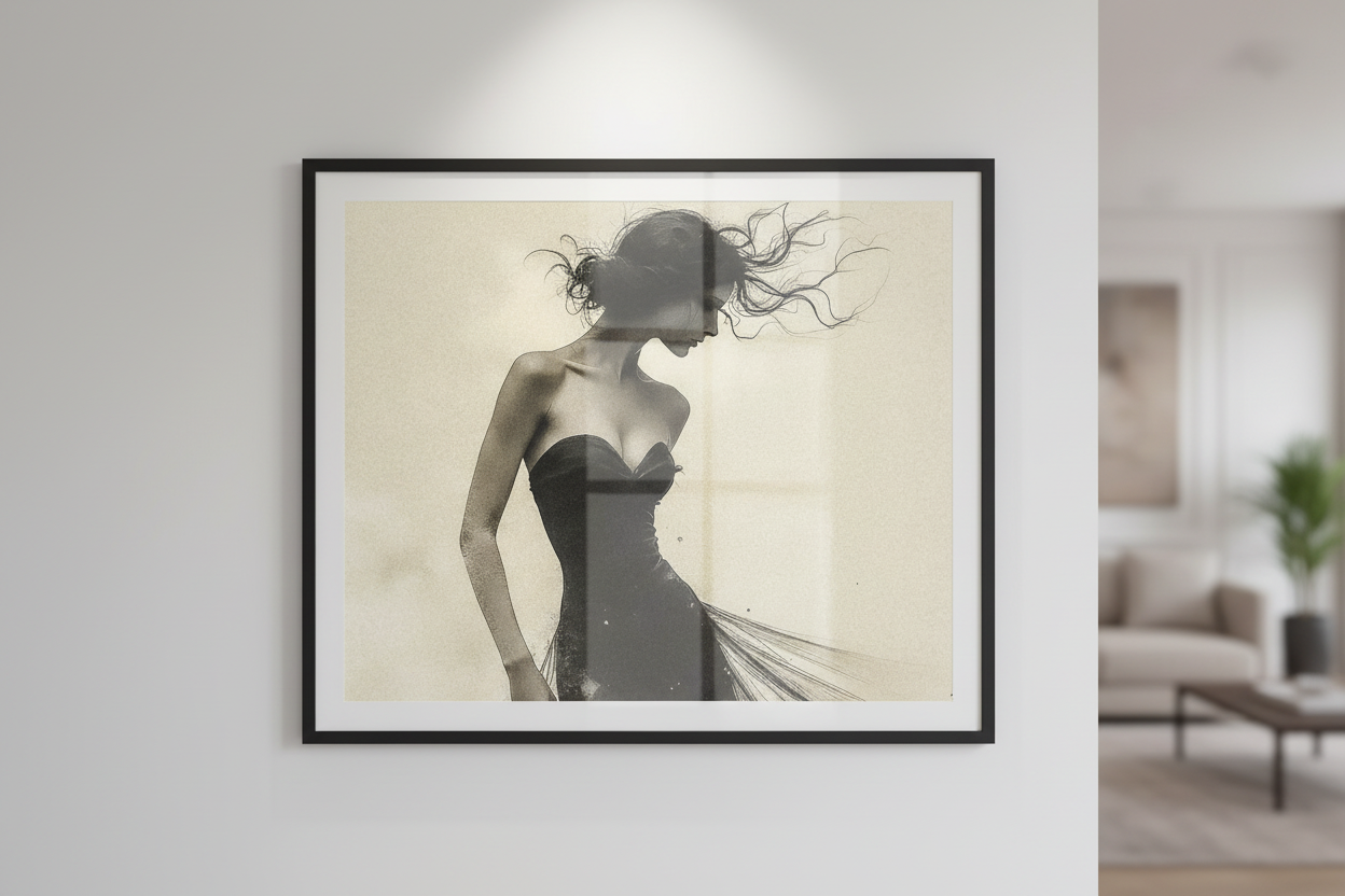 L'Éphémère fine art print displayed on white wall with black frame