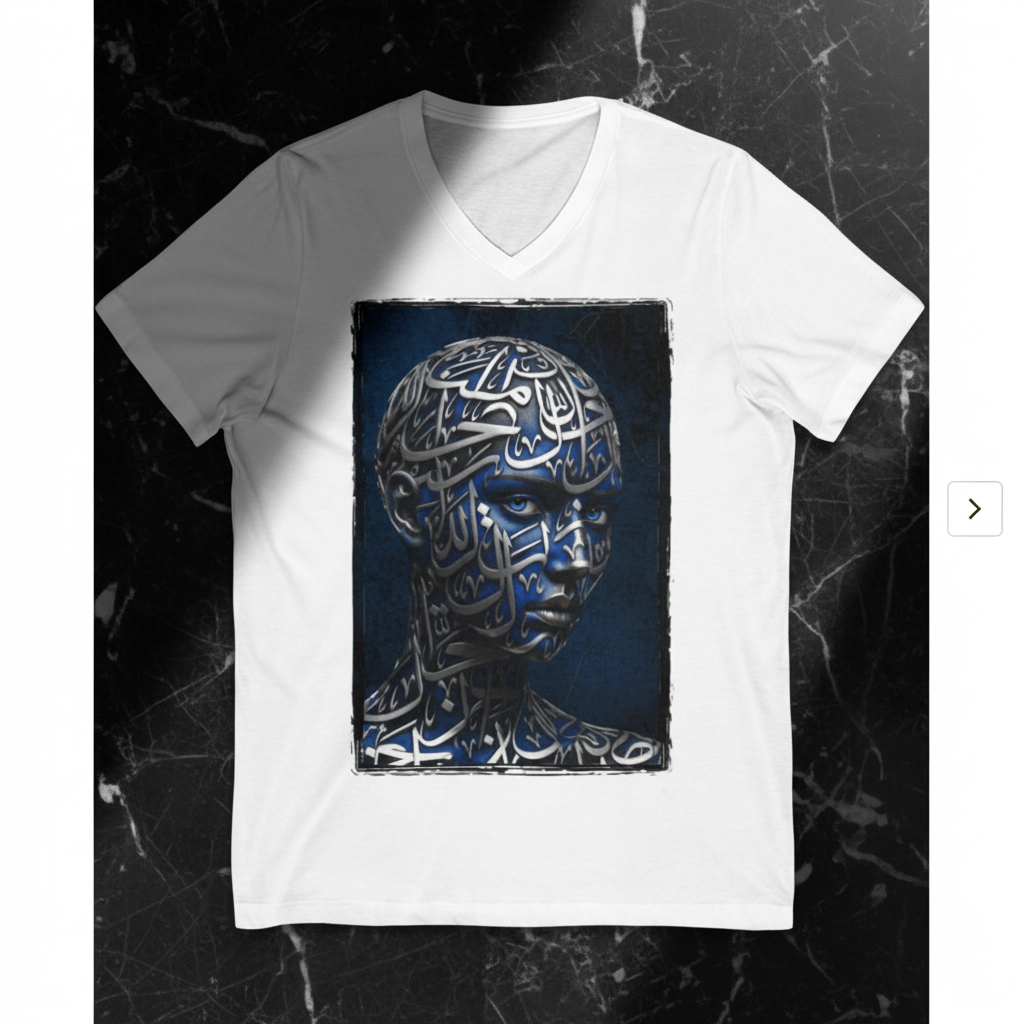 Flat lay marbre noir — Visage en Calligraphie Arabe T-Shirt Col V Bybadr