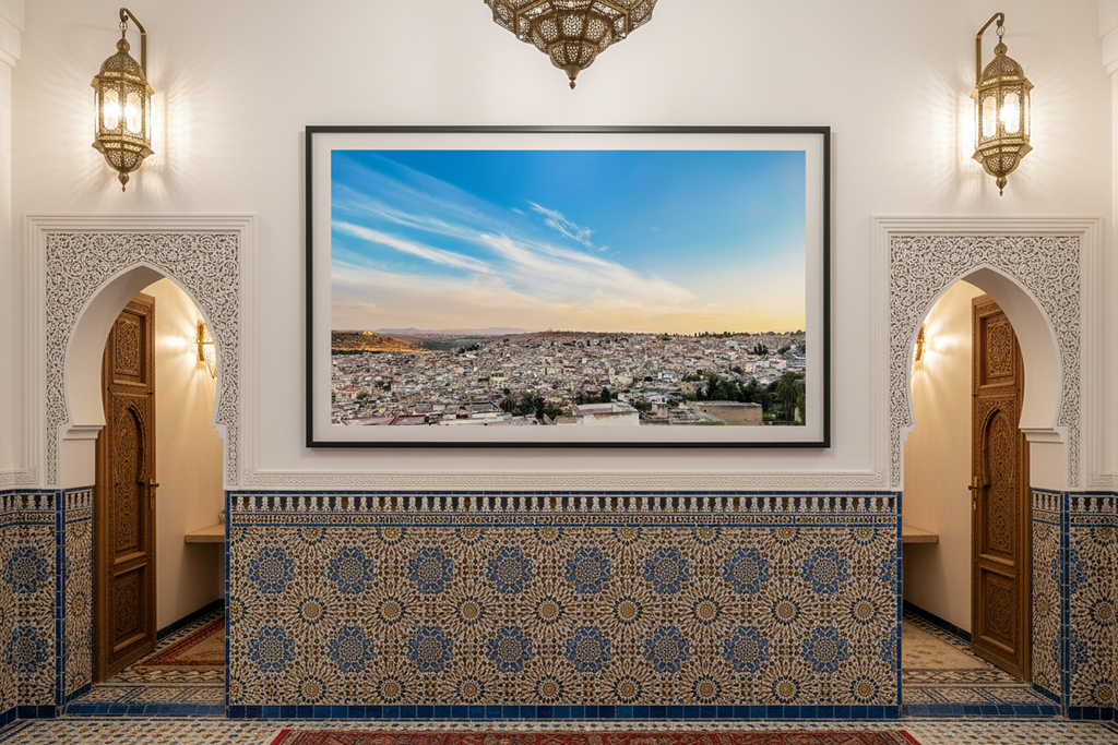Entre Ciel et Médina — photographie Fine Art encadrée dans un riad marocain | Bybadr