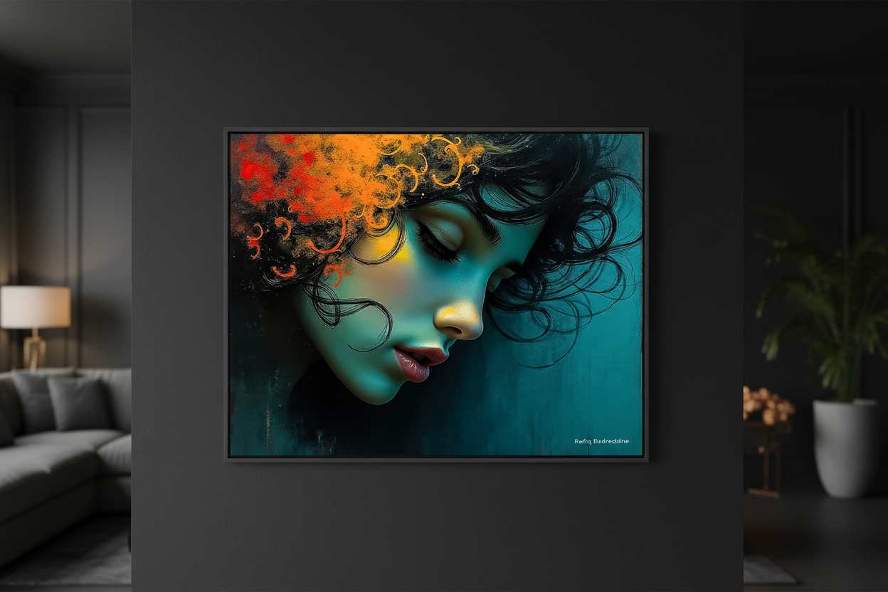 L'Orientale fine art print displayed on black wall, front view