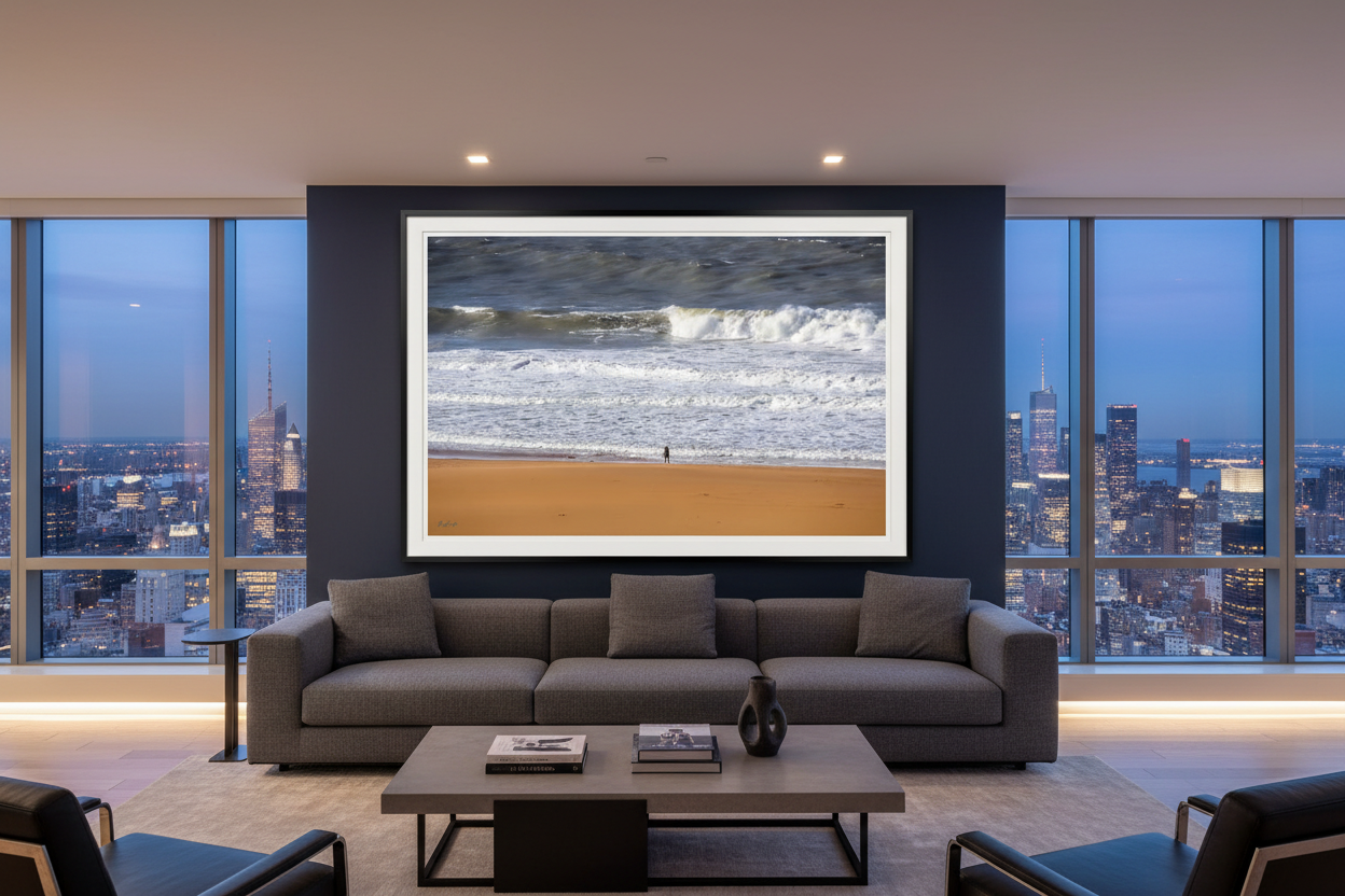 L'Homme et la Vague — photographie Fine Art encadrée dans un salon moderne | Bybadr
