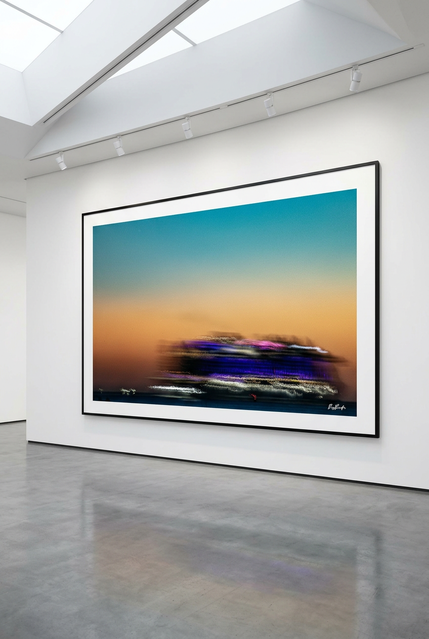 L’Horizon en fuite — photographie maritime présentée en grand format, cadre noir et passe-partout blanc dans une galerie | Bybadr