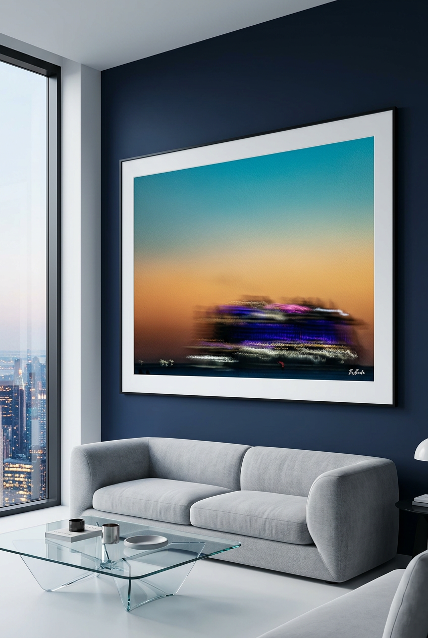 L’Horizon en fuite — photographie maritime encadrée au-dessus d’un canapé dans un appartement contemporain, mur bleu | Bybadr

