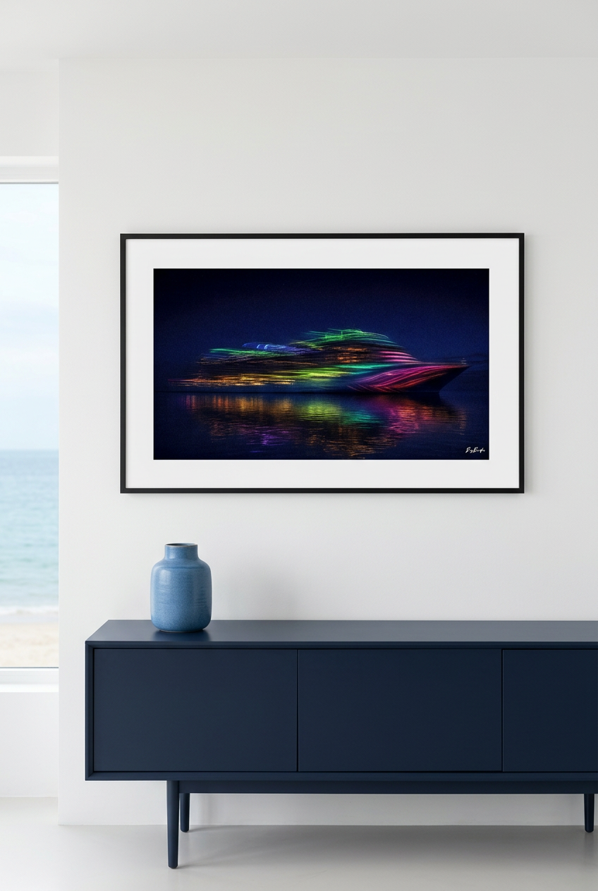 L’Océan en couleurs — vue de taille indicative du tirage panoramique encadré au-dessus d’une console dans un appartement côtier | Bybadr
