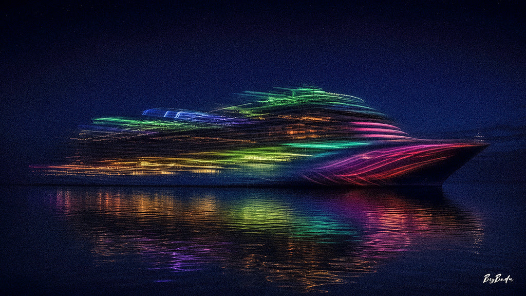 L’Océan en couleurs — navire aux traces lumineuses rouge, roses, vertes et jaunes, reflets multicolores sur une mer bleu nuit | Bybadr
