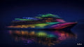 L’Océan en couleurs — navire aux traces lumineuses rouge, roses, vertes et jaunes, reflets multicolores sur une mer bleu nuit | Bybadr