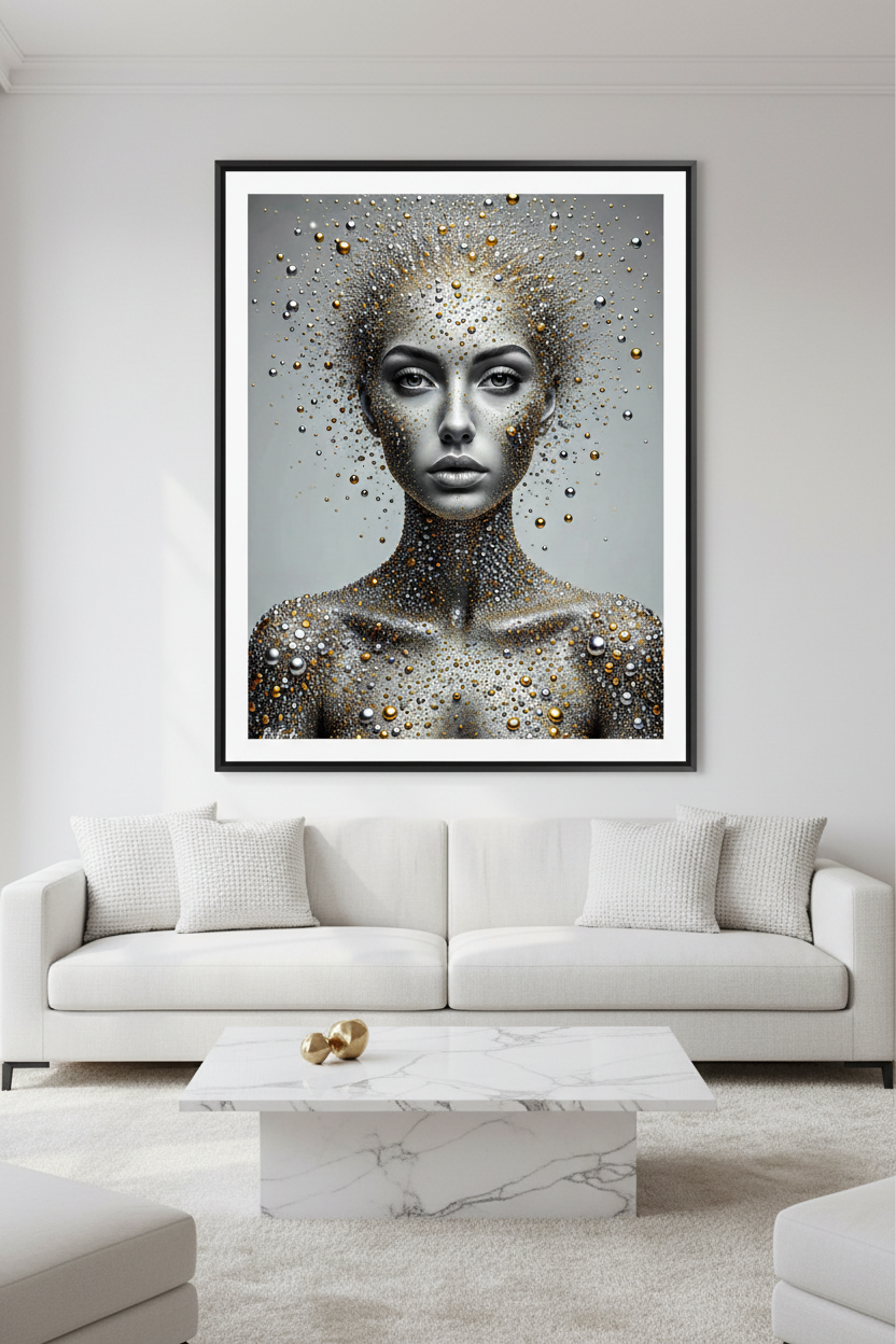 La Gardienne des Sphères — art numérique Fine Art encadré dans un salon chic mur blanc | Bybadr