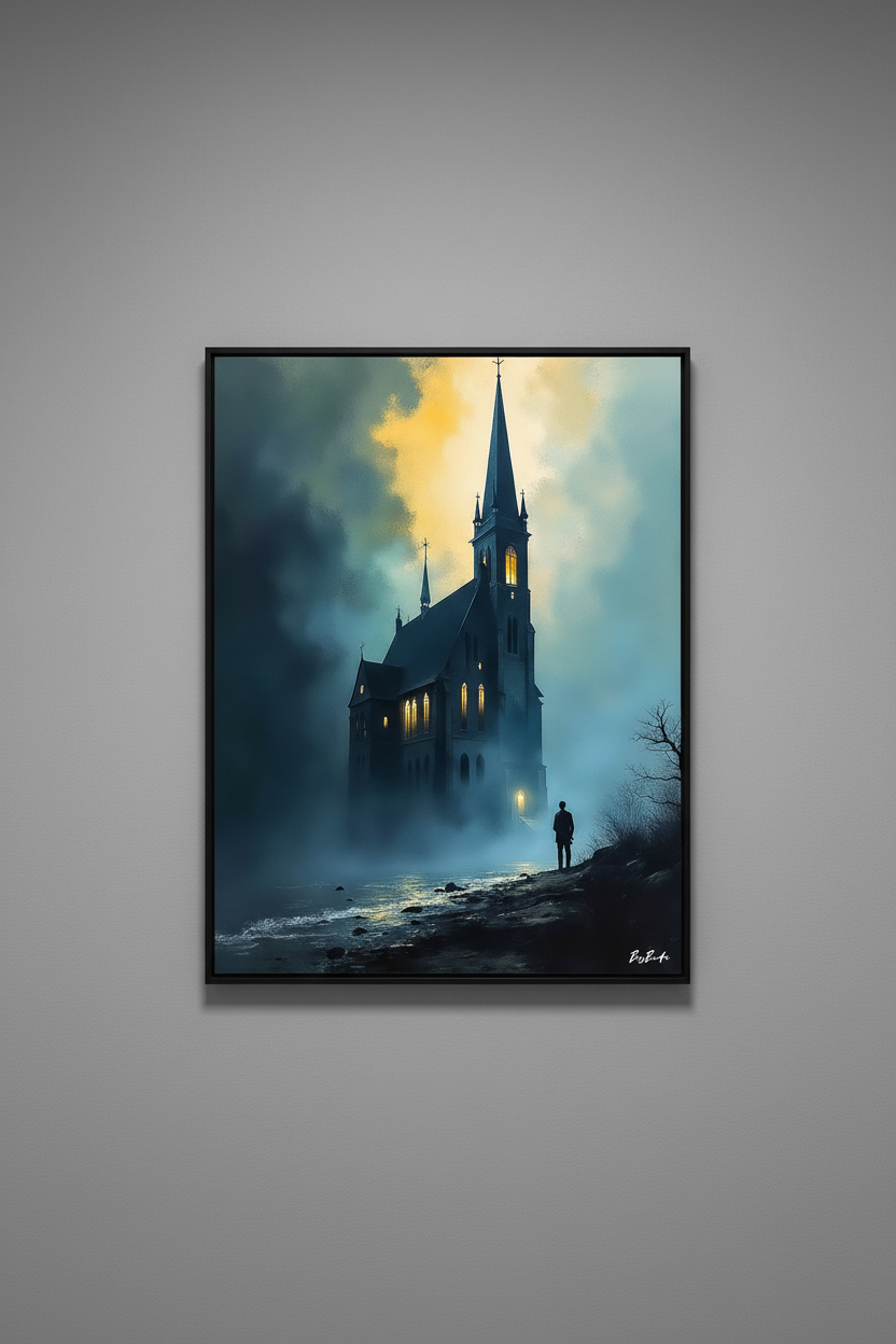 La Lumière dans la Brume — Sanctuaires encadré en situation, art numérique Fine Art | Bybadr