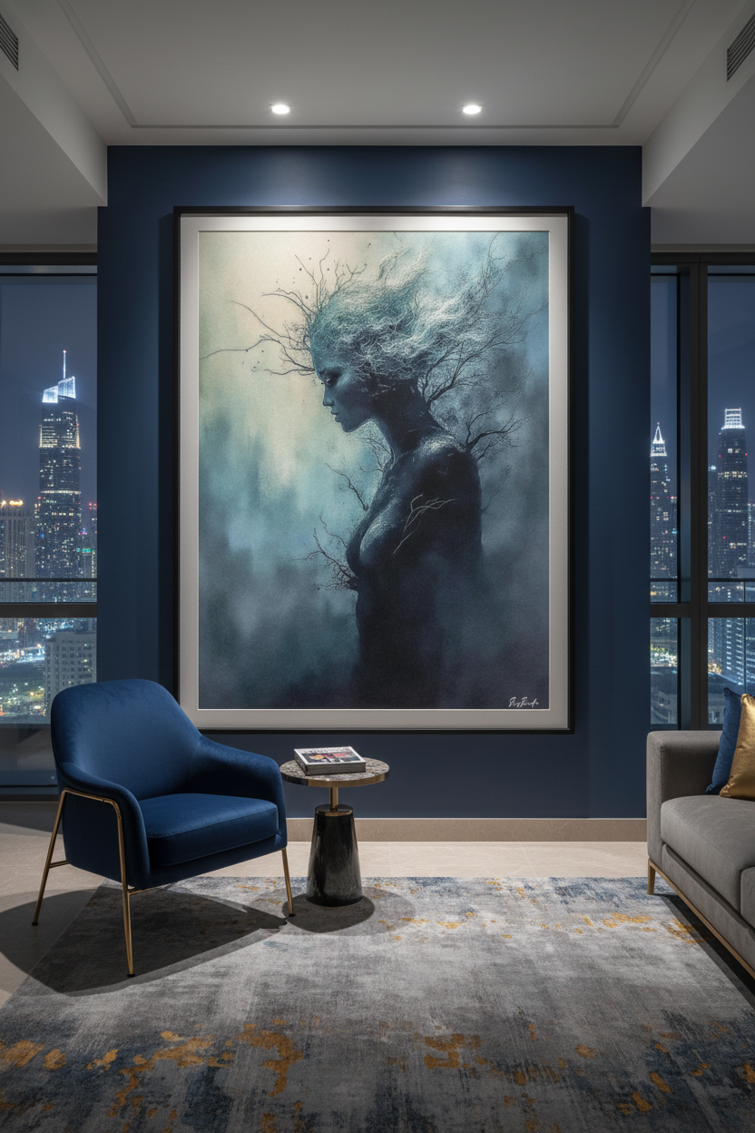 La Muse des Nuits Azurées — Tirage Fine Art encadré dans un penthouse Dubai | Bybadr