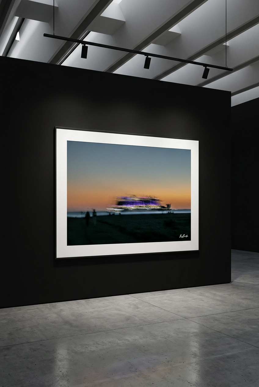 La Traversée violette — photographie maritime encadrée en grand format sur un mur noir dans une galerie | Bybadr