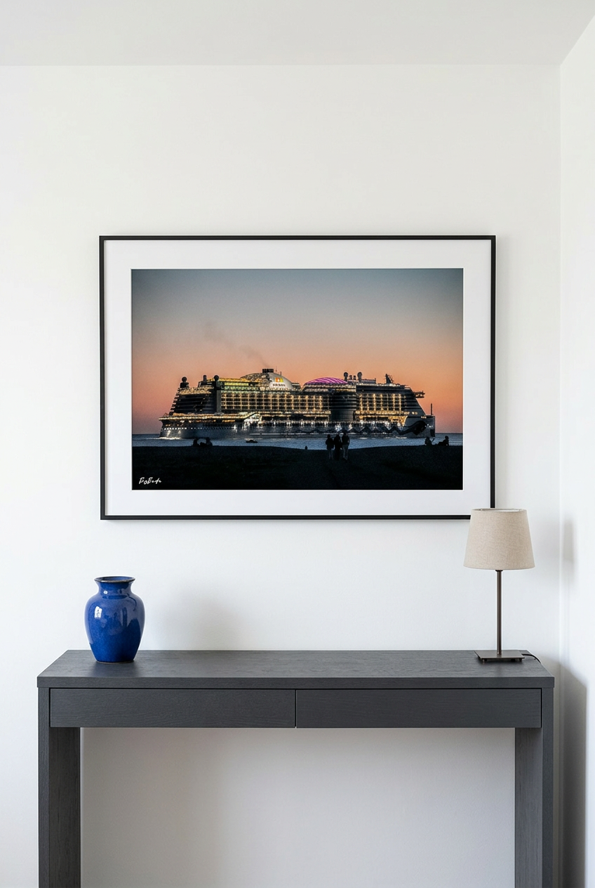 La Ville flottante — vue indicative du tirage 60 × 40 cm, encadré au-dessus d’une console | Bybadr