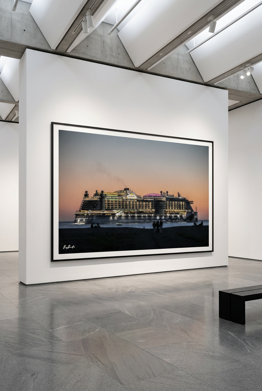 La Ville flottante — photographie maritime présentée en grand format, cadre noir et passe-partout blanc dans une galerie | Bybadr