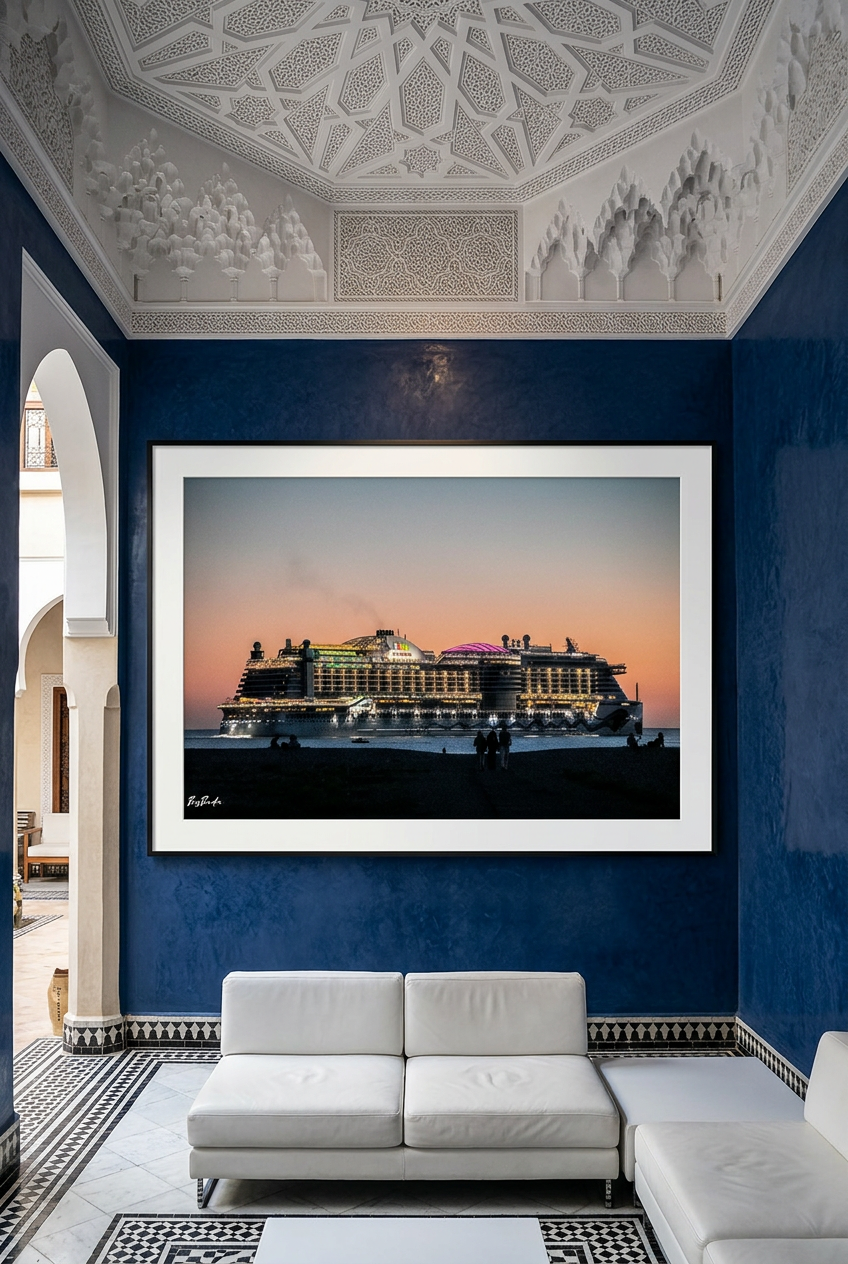 La Ville flottante — photographie maritime encadrée en grand format sur un mur bleu dans un riad contemporain | Bybadr