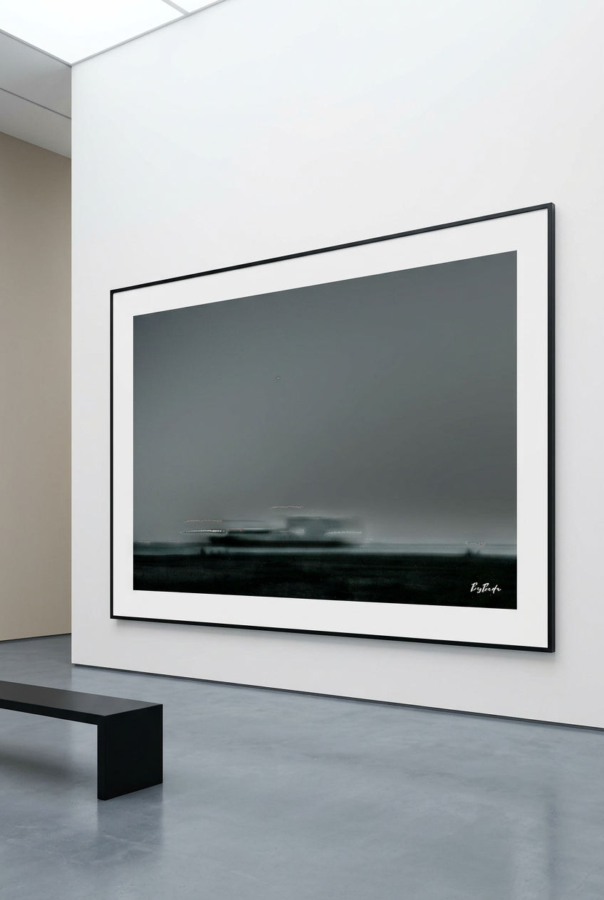 Le Passage silencieux — photographie maritime présentée en grand format, cadre noir et passe-partout blanc dans une galerie | Bybadr
