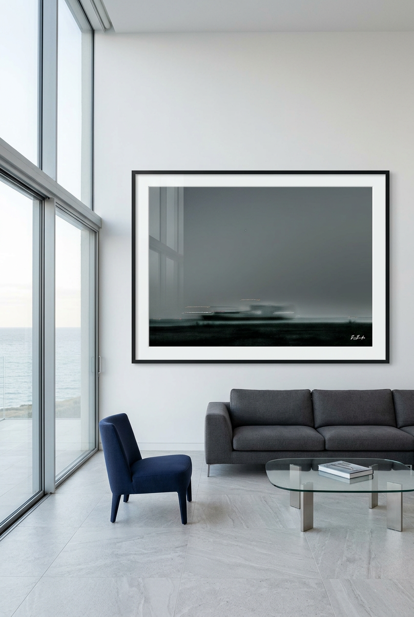Le Passage silencieux — photographie maritime encadrée en grand format dans un appartement contemporaine avec vue sur la mer | Bybadr