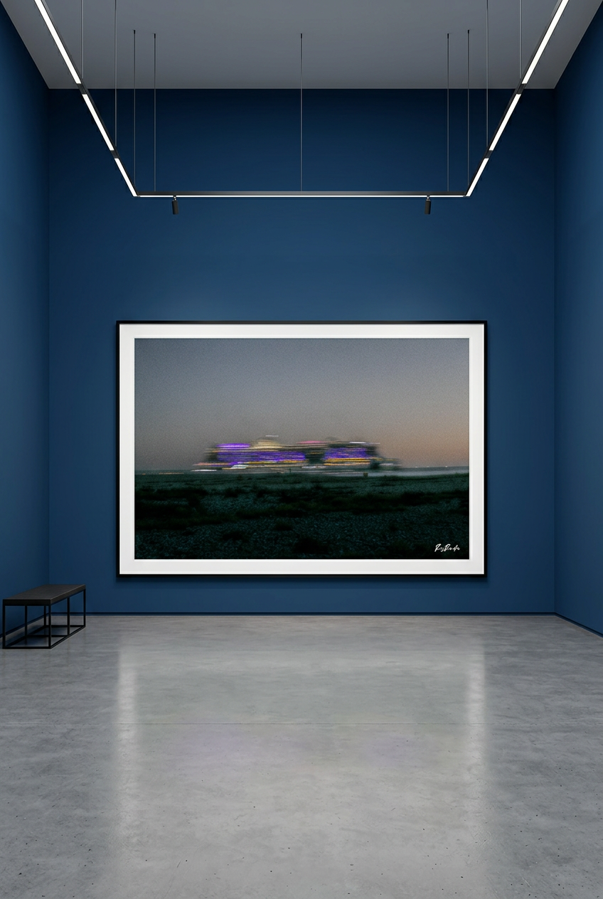 Les Lumières en voyage — photographie maritime encadrée en grand format sur un mur bleu dans une galerie | Bybadr