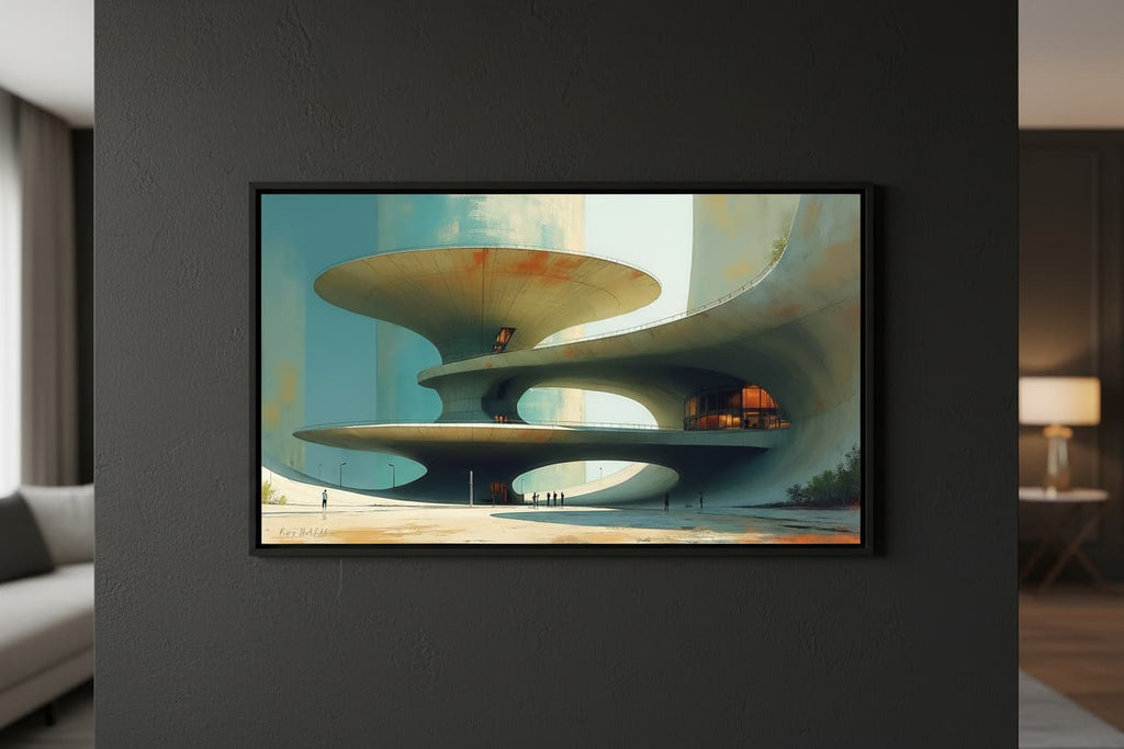 Les Plateaux Suspendus — art numérique Fine Art encadré en situation | Bybadr