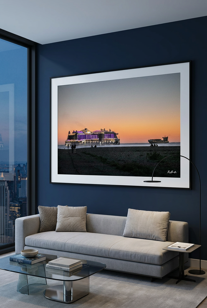 Les Routes se croisent — photographie maritime encadrée en grand format au-dessus d’un canapé dans un appartement contemporain | Bybadr

