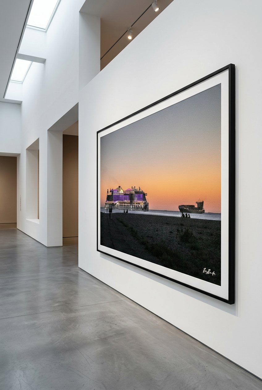 Les Routes se croisent — photographie maritime encadrée en grand format dans une galerie, cadre noir et passe-partout blanc | Bybadr
