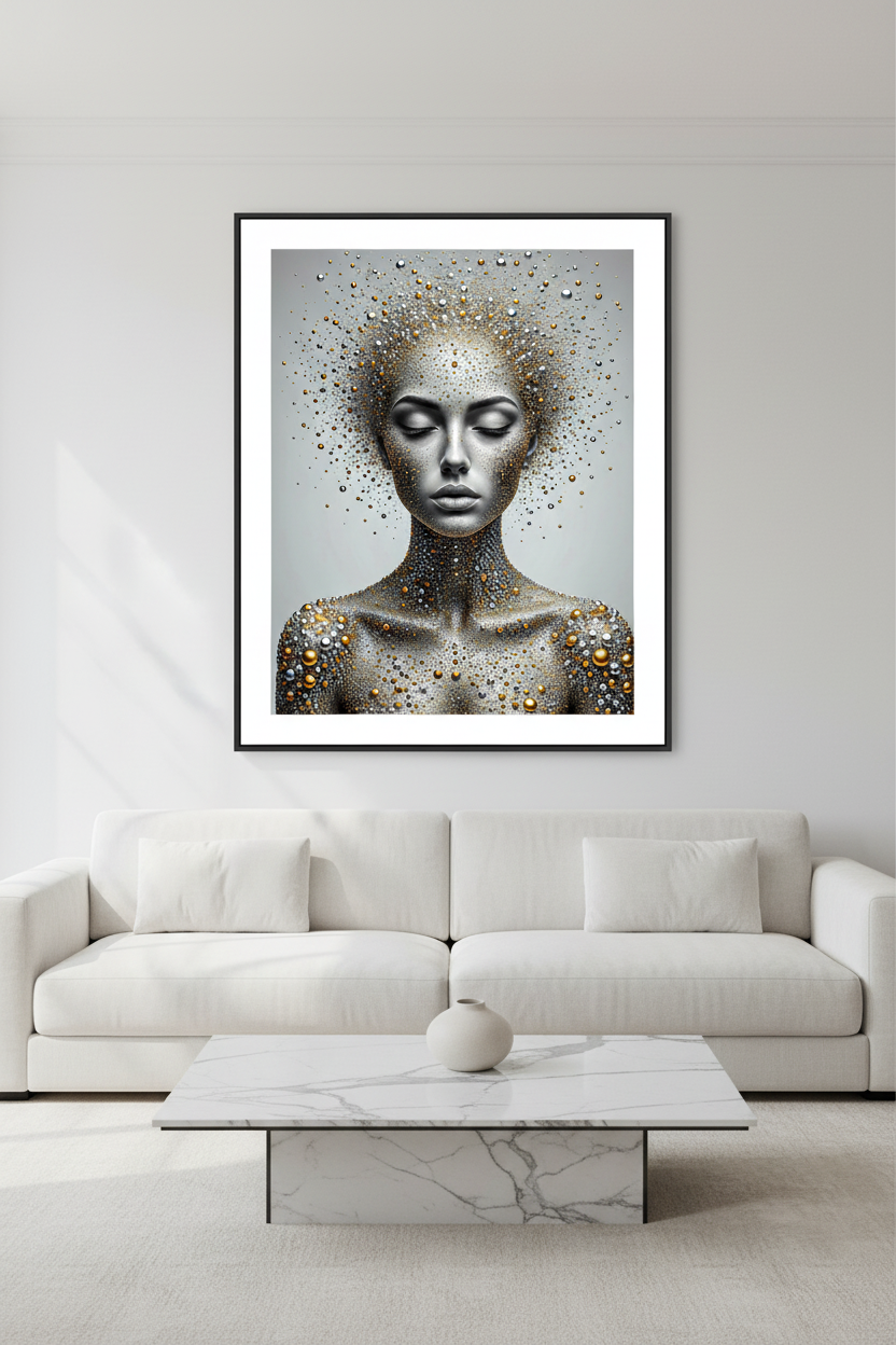 L'Éveil des Sphères — art numérique Fine Art encadré dans un salon chic mur blanc | Bybadr