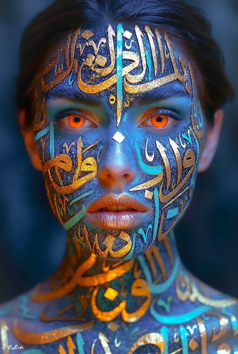 L'Oracle — Body Paint, calligraphie arabe dorée et teal, yeux rouges, édition limitée 150 ex. | Bybadr