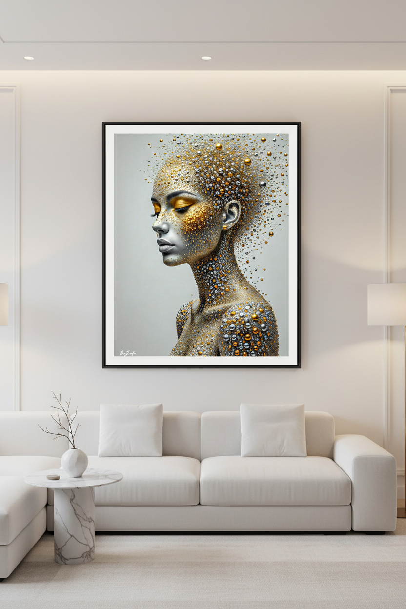 L'Orée Dorée — art numérique Fine Art encadré dans un salon chic mur blanc | Bybadr